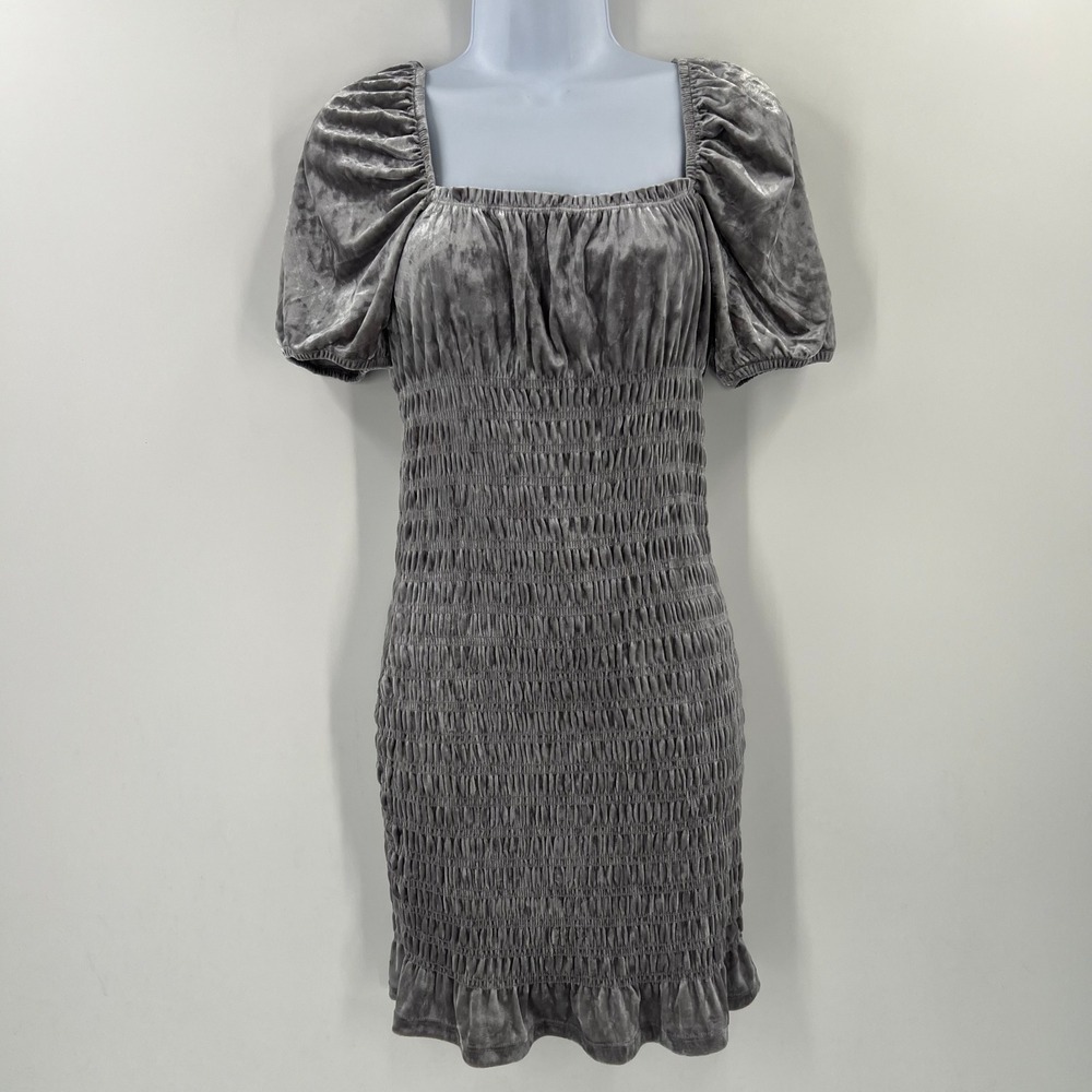 Divided H&M Size S Gray Velvet Smocked Square Neck Puff Sleeve Mini Dress